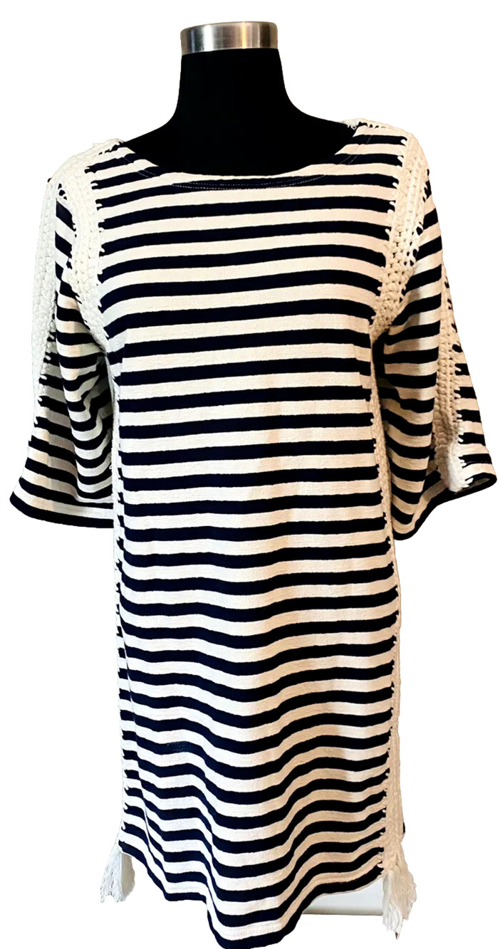PEPIN Anthropologie Breton Crochet Dress Womens M Navy Cream Striped Knit